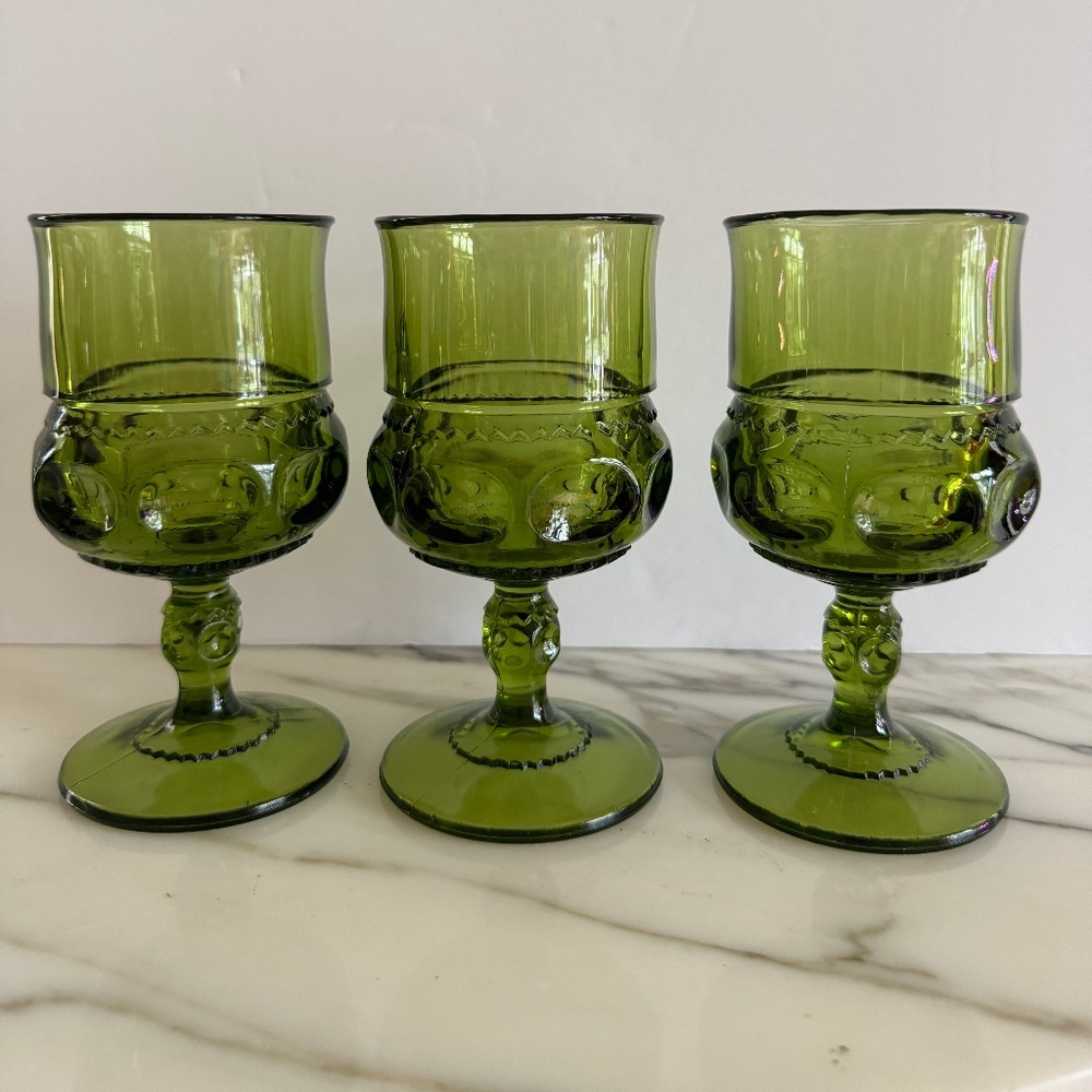 3 Indiana Glass/Colony Thumbprint Kings Crown Green Barware MCM 5 3/4"